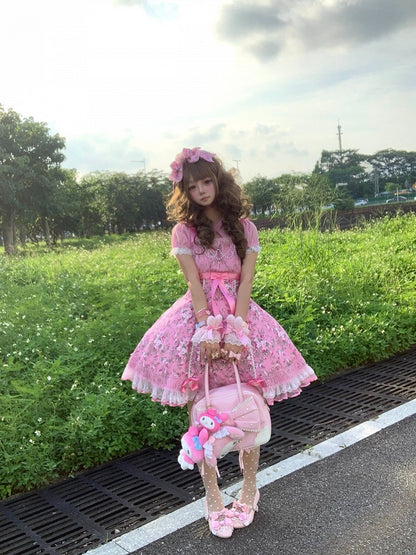 Pink Old School Lolita Floral Print OP Dress with Halter Straps - Asuka