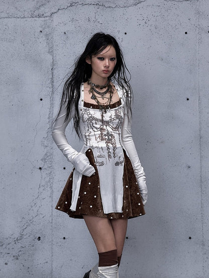 Cross with Brown Punk Vintage Subtle Dress Print Chain Sleeves Beige Puff