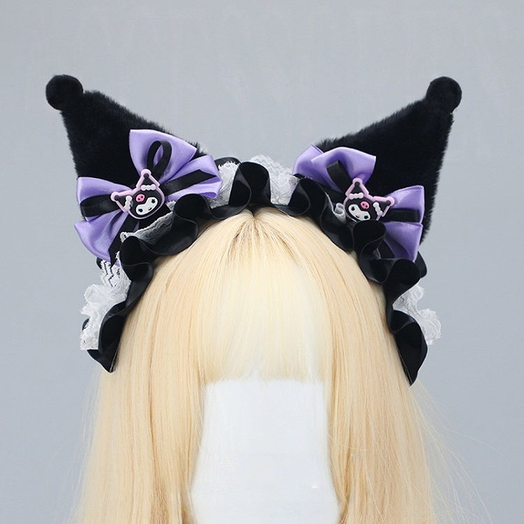Faux Decorated Sweet Bow KC Kitty Ears Lolita Cartoon with Lace Fur Purple Black