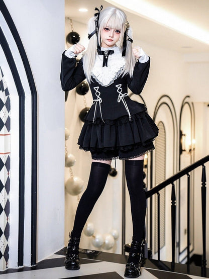 Lolita Kleid Charm Kreuz Schnürung Träger Ausschnitt Gothic Schwarz Rüschen Weiß