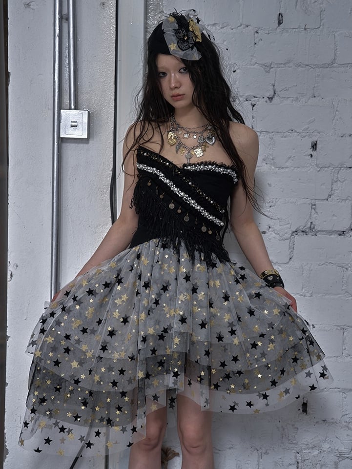 Kleid Balletcore Stufenrock aus Netzstoff, trägerlos, Grau/Asche