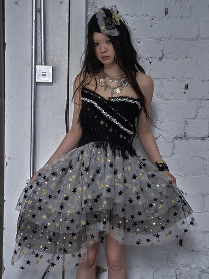 Kleid Balletcore Stufenrock aus Netzstoff, trägerlos, Grau/Asche