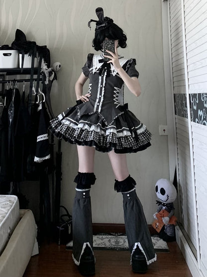 耳付き襟付きストライプドレスダークロリータゴシックバニー半袖グレーバック