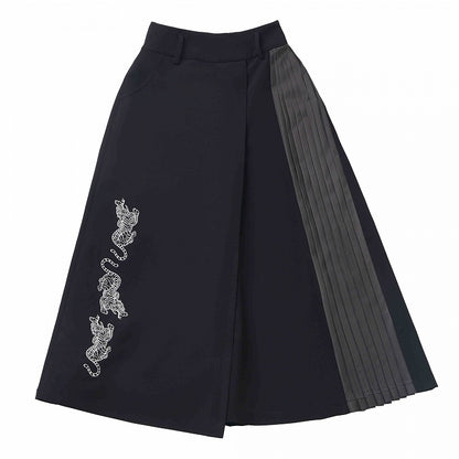 Tiger Embroidery Black Pleated Wide Leg Pants Side - PINK SAVIOR
