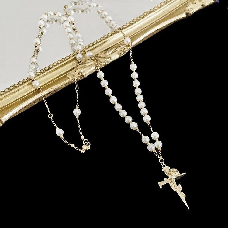 Pendant Necklace Chain Beaded Gold Cross Rose