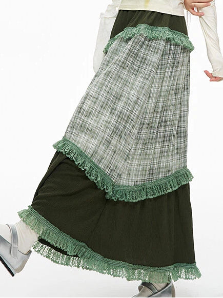 Serenity Patchwork Skirt Trim Lace Green Plaid with Sweety