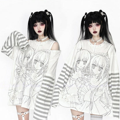 Printed Striped Top Cutout Landmine Style Girl White Zip-Adjustable Gray Shoulder