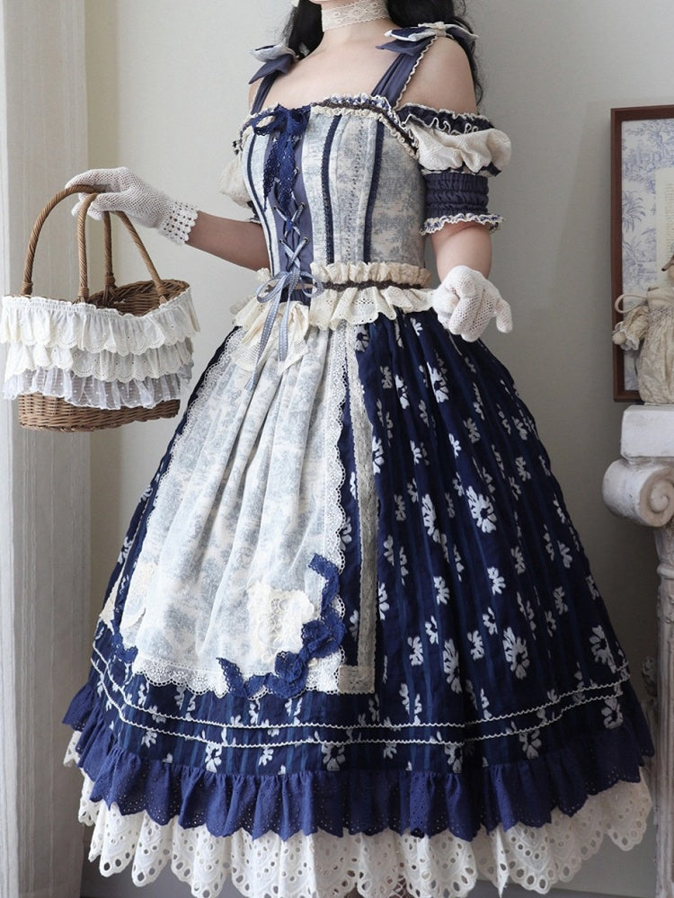 ブルーのオープンショルダーキャビンコルセットトップ + ダークブルーの花柄ロリータスカート