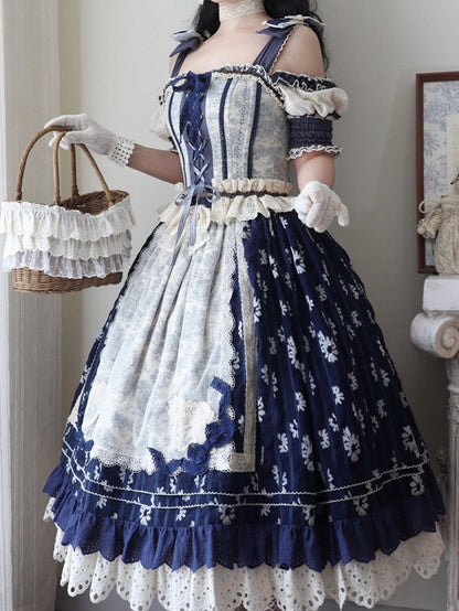 ブルーのオープンショルダーキャビンコルセットトップ + ダークブルーの花柄ロリータスカート