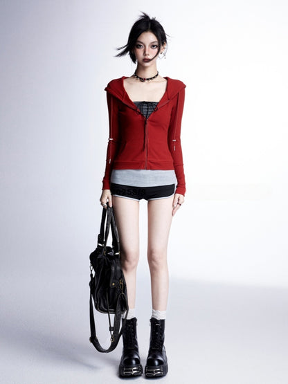 トップス スリムフィット フード付き ジップ開閉 ブラック/グレー/レッド