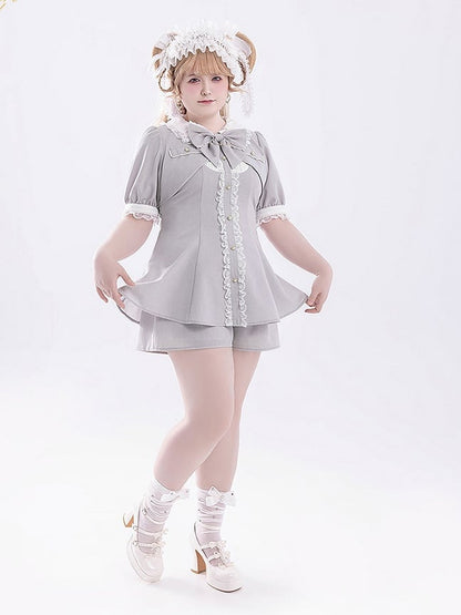 Sleeve Two-Piece Brooch Gray Kei Coord Shorts Top Bow Faux Jirai Short Set: with