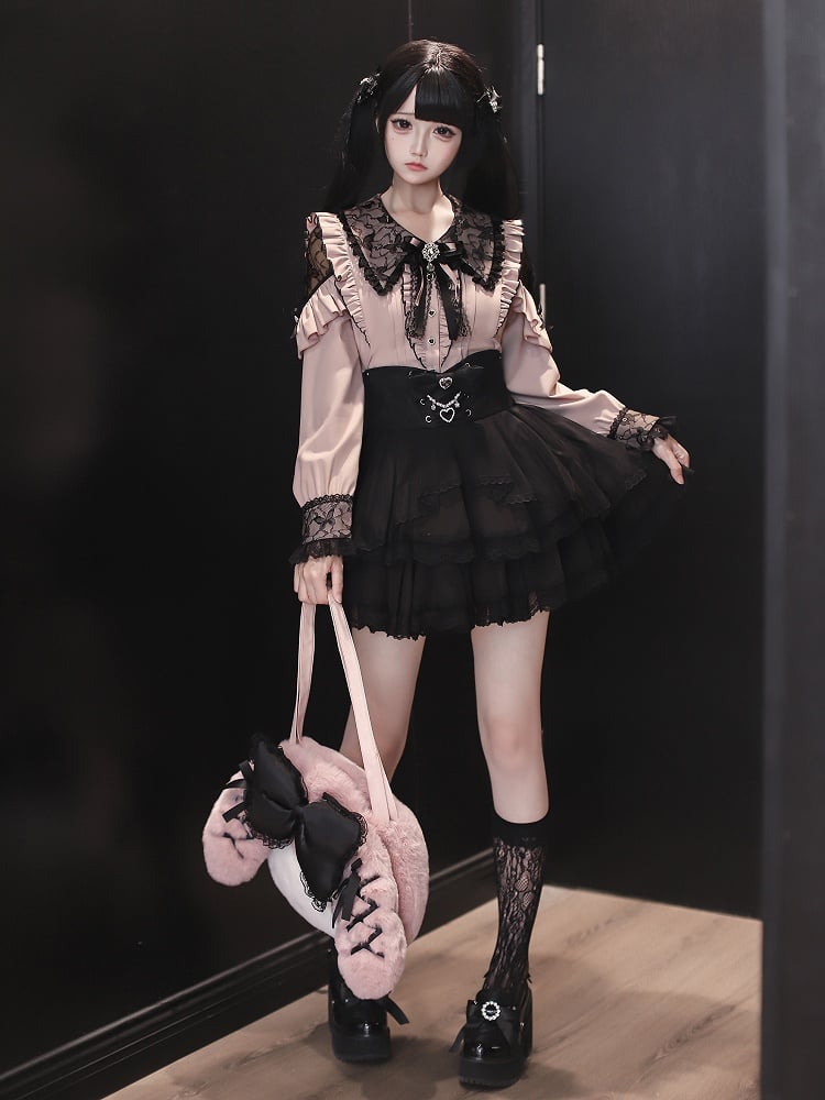 Schwarze Schulter Kei Pink mit Kragen Spitze Ausschnitte Spitze Bluse Jirai Gothic