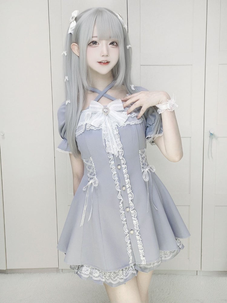 with Dusty Dress Jirai and Kei Blue Tie Buttons Set: Neck Heart Halter Shorts Adjustable