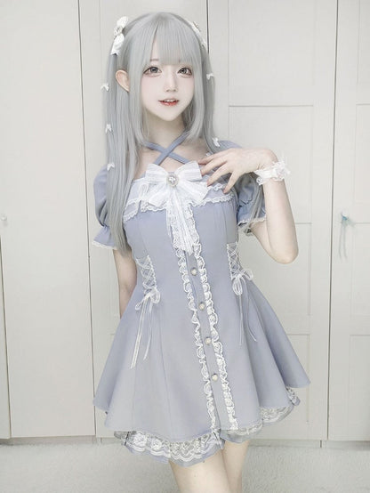 with Dusty Dress Jirai and Kei Blue Tie Buttons Set: Neck Heart Halter Shorts Adjustable