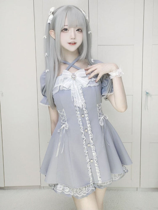 with Dusty Dress Jirai and Kei Blue Tie Buttons Set: Neck Heart Halter Shorts Adjustable