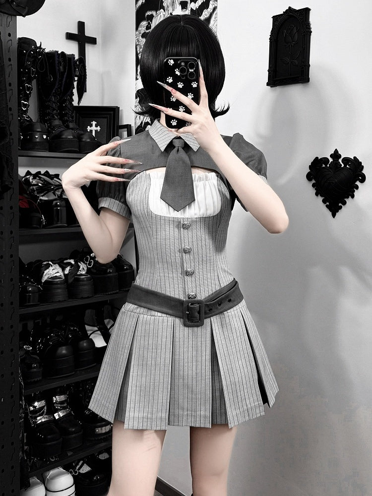 Gray Striped Jirai Kei Set: Cropped Top, Camisole Dress, Belt, Tie - Ekomi