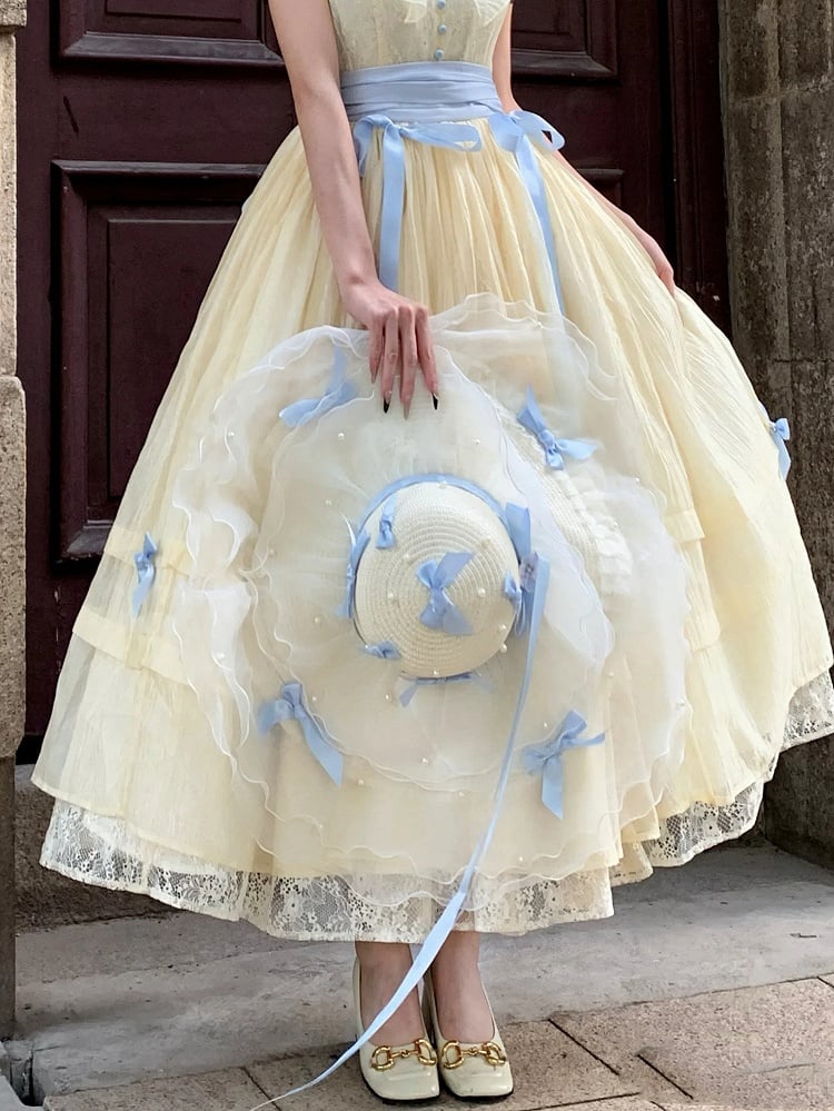 and Straw Bows Blue Hat Bead Yellow Details Large