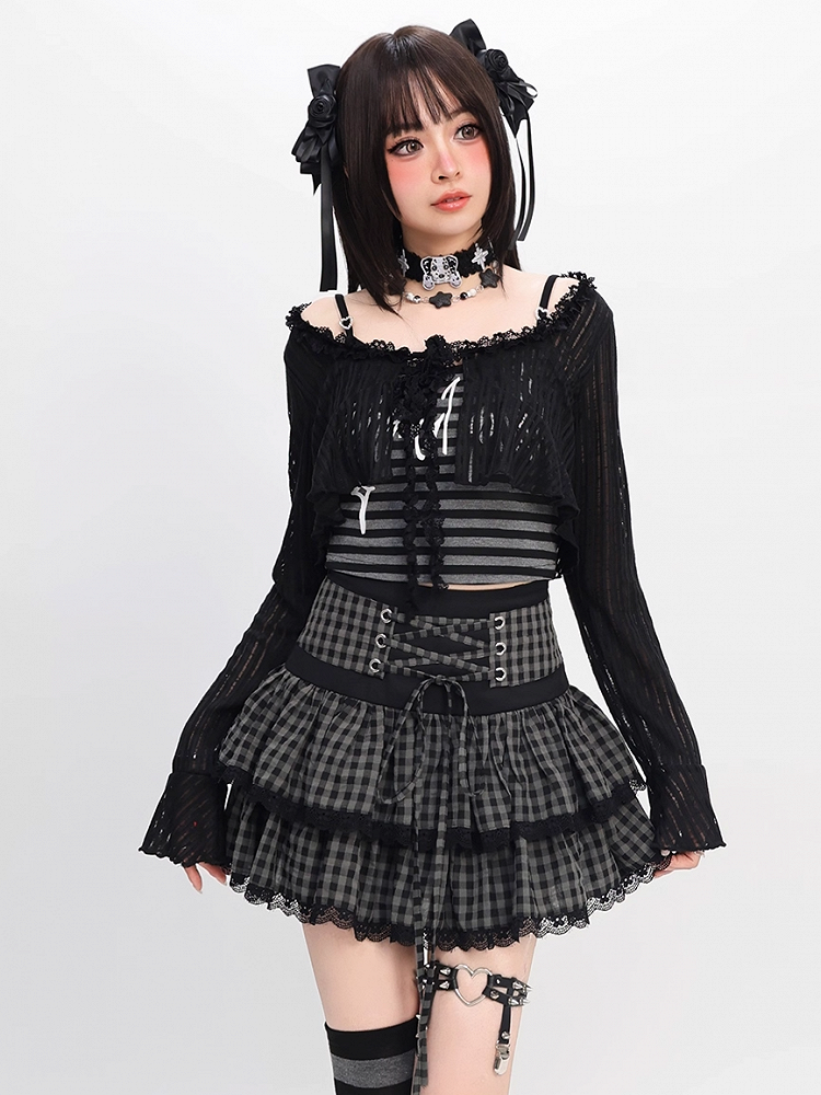 Black and Gray Plaid Lace-up Waist Tiered Skirt