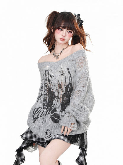 ホワイト/グレーのオフショルダーネックライン、ダメージ加工の穴あきグラフィックニットトップス