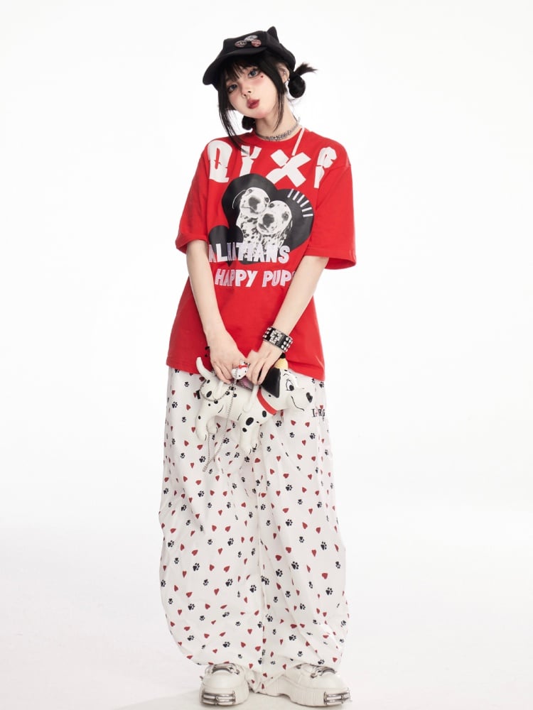 レッド クルーネック ダルメシアンプリント ヴィンテージTシャツ