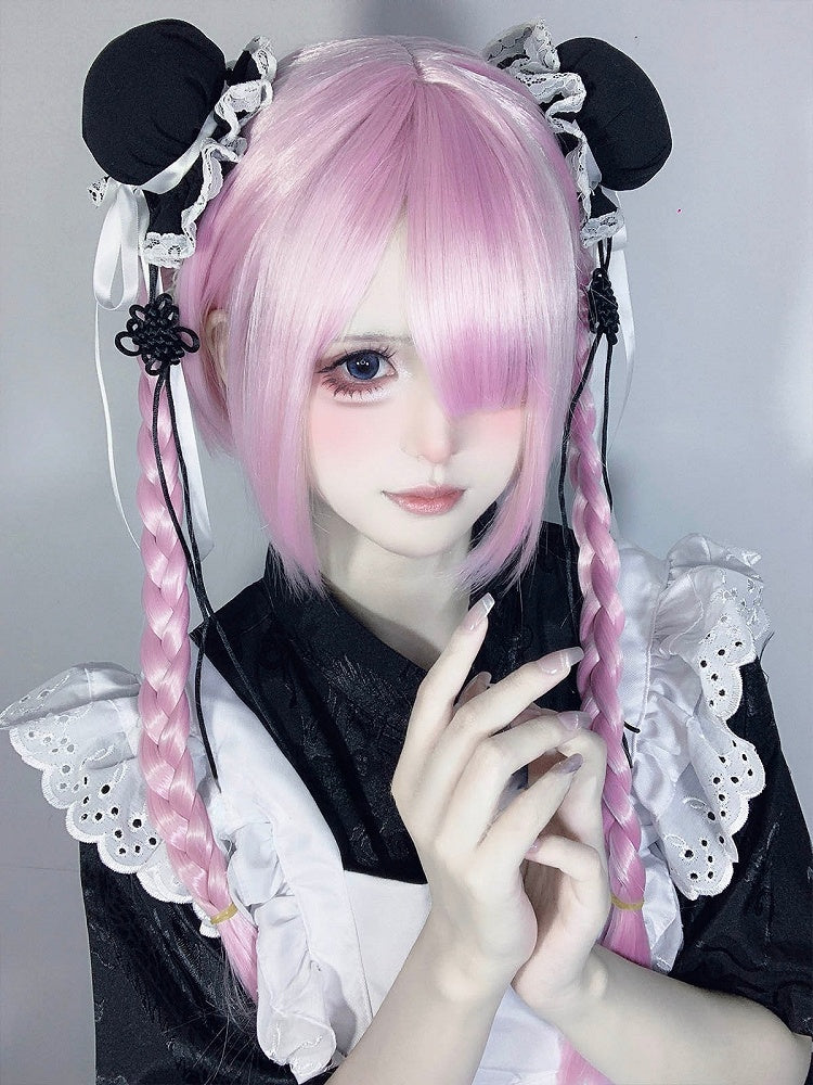 フルクリップ 30CM ウィッグ ピンク + ショートポニーテール 55CM 前髪 クローストレート ダブルブレイド