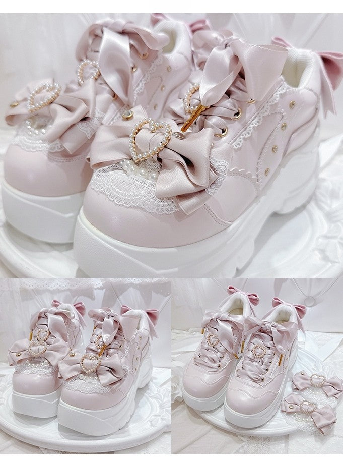 Lace-Up in Jirai Design Kei - Bow Platform Heart Details Shoes with Pink Style Rhinestone Beaded