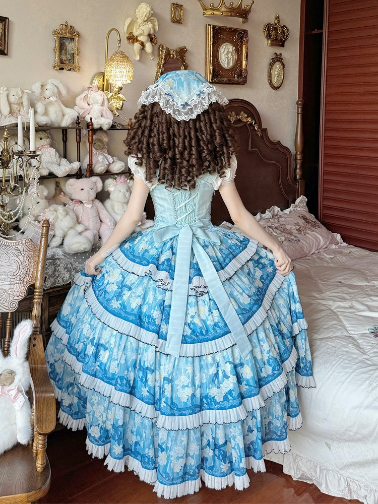 Blue Floral Print Lolita Triangle Scarf with Lace Trim - Flower Ferry Lolita