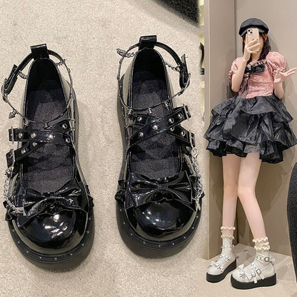 Punk Black Cat Lolita Thick Sole Platform Shoes – Sweet Cool Y2K JK Leather Flats | LilyVow