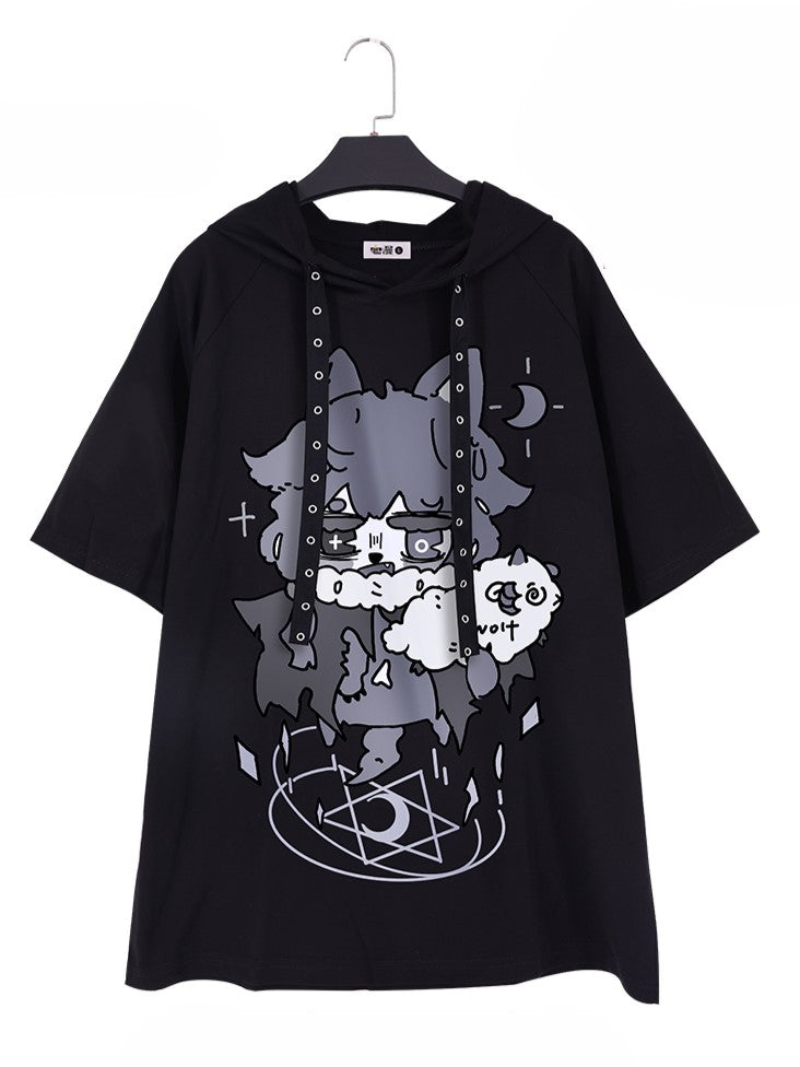 Wolf Cartoon Ears Drawstrings Black with Print and Hooded T-Shirt Strap