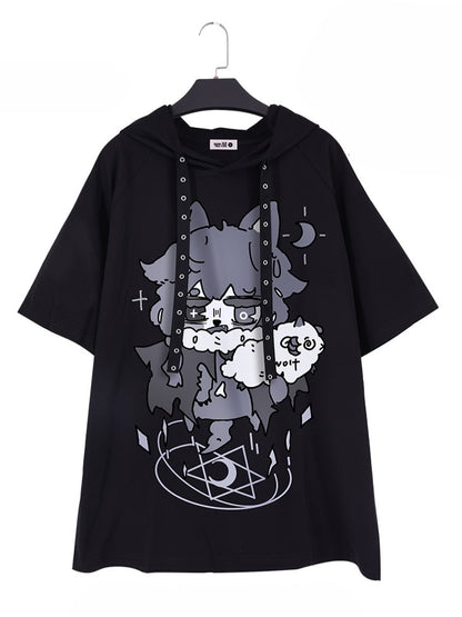 Wolf Cartoon Ears Drawstrings Black with Print and Hooded T-Shirt Strap