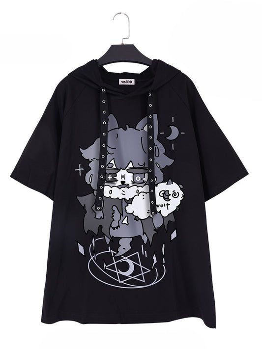 Wolf Cartoon Ears Drawstrings Black with Print and Hooded T-Shirt Strap