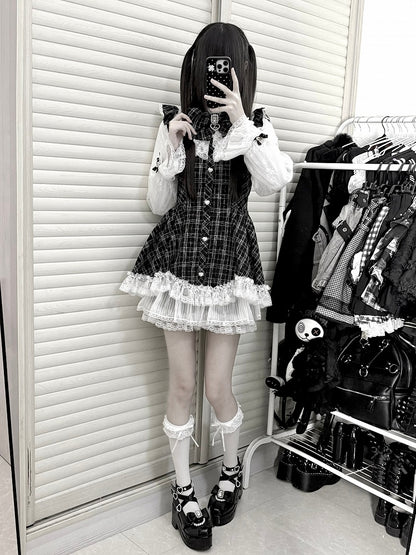 Shorts Jirai Trim Dress Matching Plaid Bow Black + Set White Rhinestone Kei Lace Long Sleeve