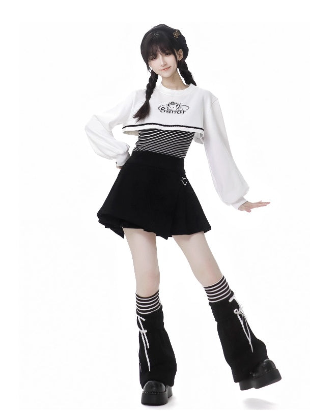 Gestreiftes Oberteil mit Welpen-Print und kurzem Sweatshirt-Set