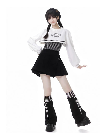 Gestreiftes Oberteil mit Welpen-Print und kurzem Sweatshirt-Set