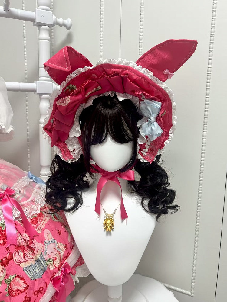 Blaue Haube Ohren Rosa Süßes Gelb Weiß Lolita Bunny /