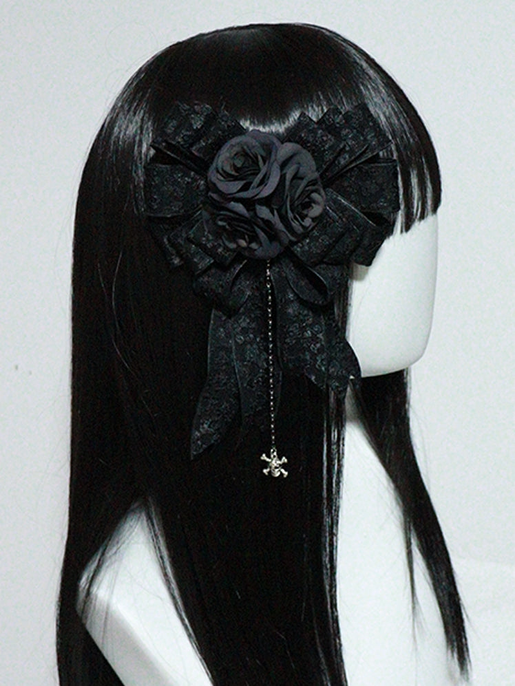 Lolita Design Floral And Black with Skeleton Beaded Hairclip/Brooch Gothic Bow Charm