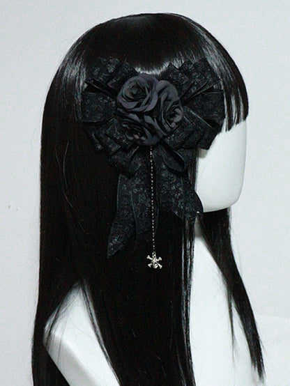 Lolita Design Floral And Black with Skeleton Beaded Hairclip/Brooch Gothic Bow Charm