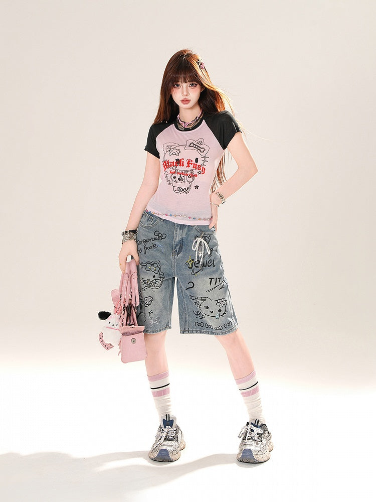 グレー/ピンクのカラーブロックデザイン キティプリントTシャツ