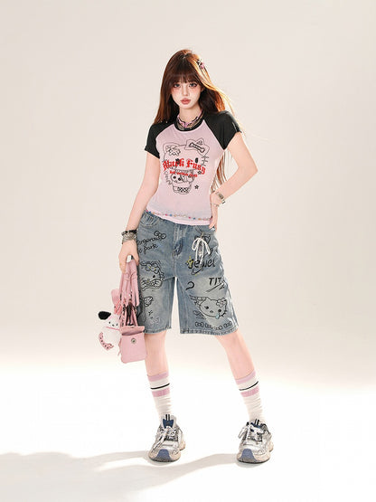 グレー/ピンクのカラーブロックデザイン キティプリントTシャツ