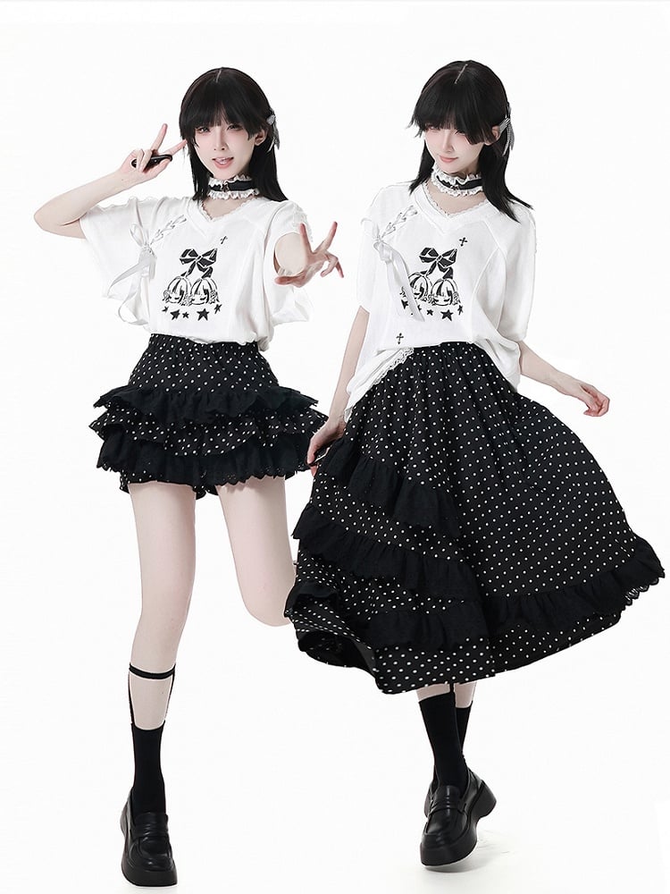 Free Choker T-Shirt White V-Neck Lace-up Detail Blokecore Graphic with