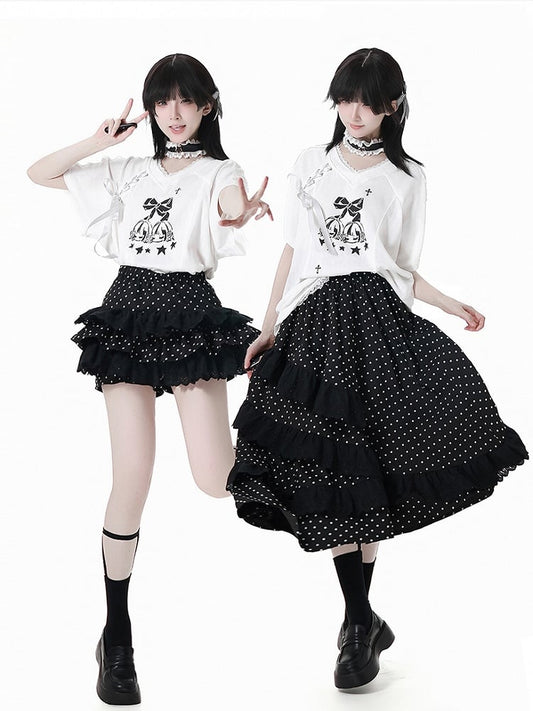 Free Choker T-Shirt White V-Neck Lace-up Detail Blokecore Graphic with