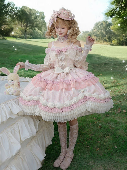 Wrist Shoulder KC Choker Veil Mini Hime Cuffs Set + Off Pink Lolita Full Hat Dress