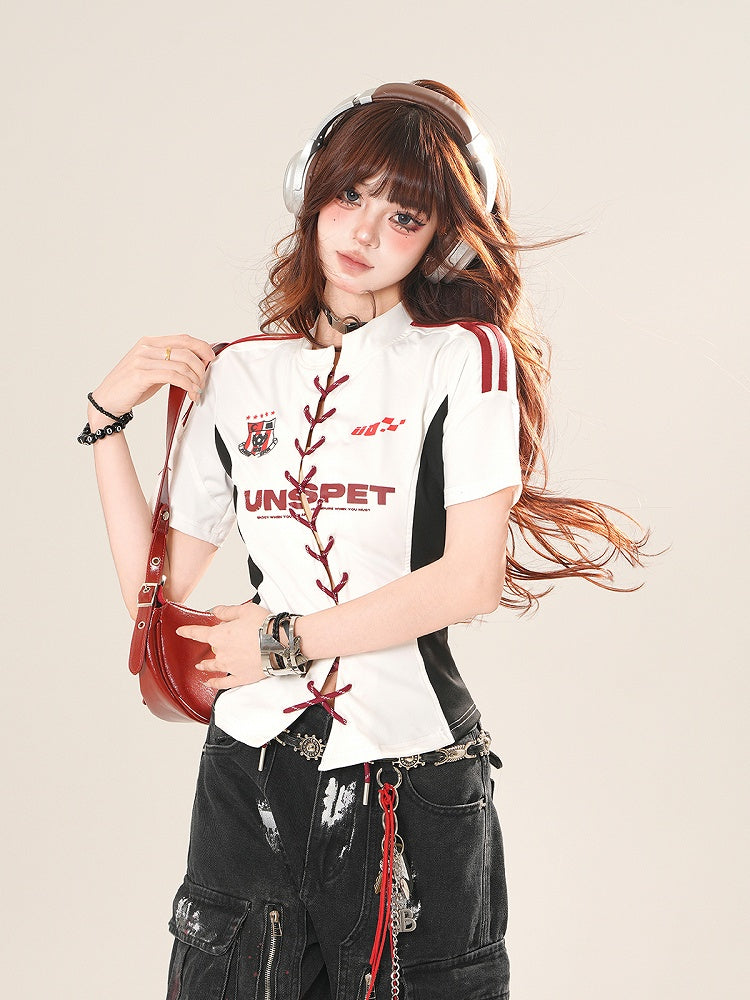 ホワイト レースアップフロント スリムフィット Tシャツ