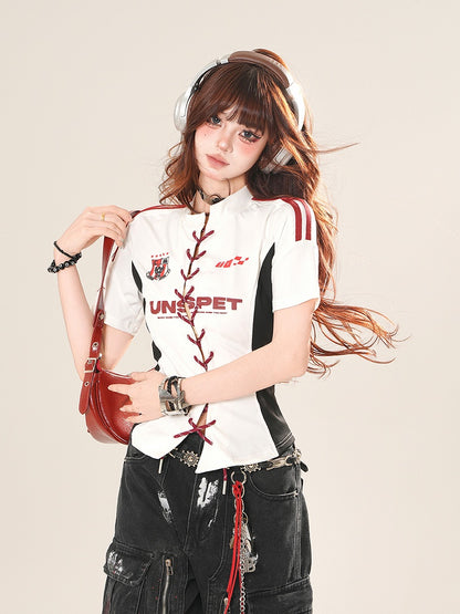 ホワイト レースアップフロント スリムフィット Tシャツ