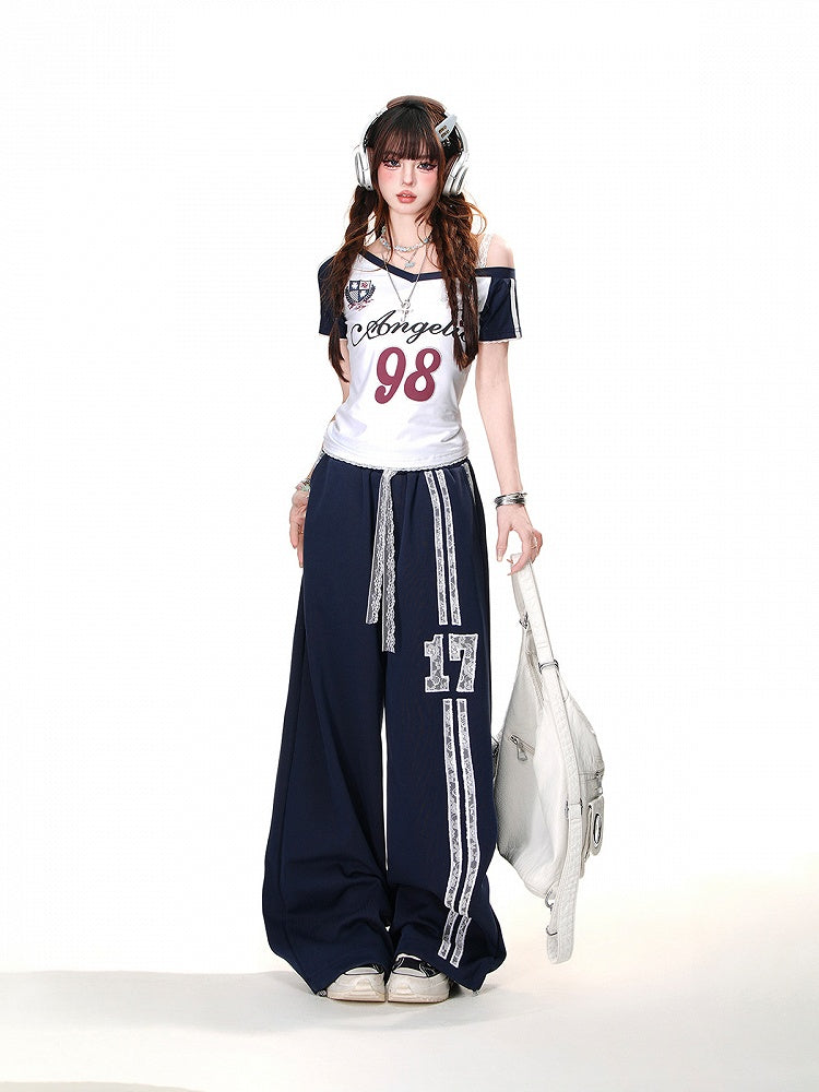 Waist Sports Navy Blue Elastic Waist Lace Drawstring Wide-Leg Pants