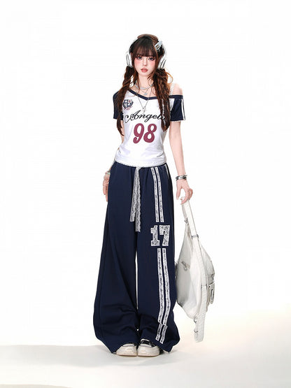 Waist Sports Navy Blue Elastic Waist Lace Drawstring Wide-Leg Pants