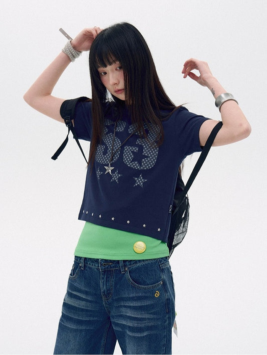 Navy Letter Print Tee with Star Studs - innomoood