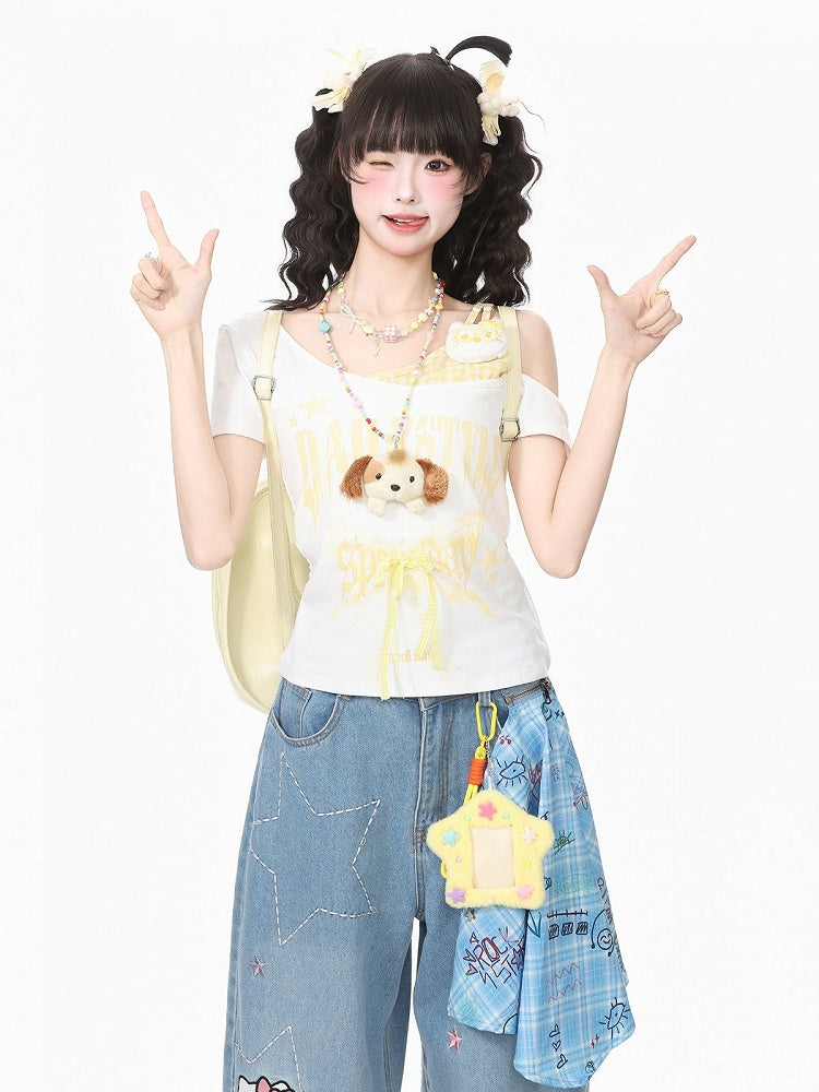 Yellow Off-Shoulder Tee with Bow and Kitty Motif - Languid Park