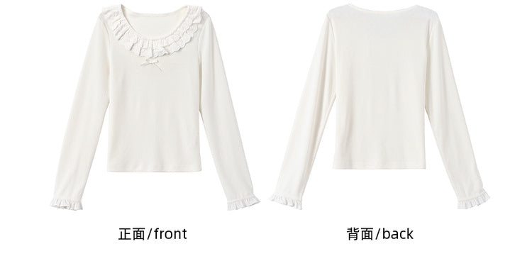 Weißes Slim-Fit-Top mit Rundhalsausschnitt und Spitzenbesatz