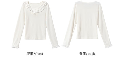 Weißes Slim-Fit-Top mit Rundhalsausschnitt und Spitzenbesatz